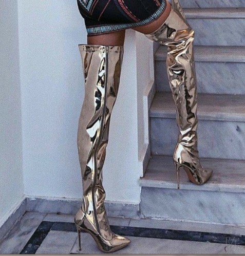 metallic thigh high boot